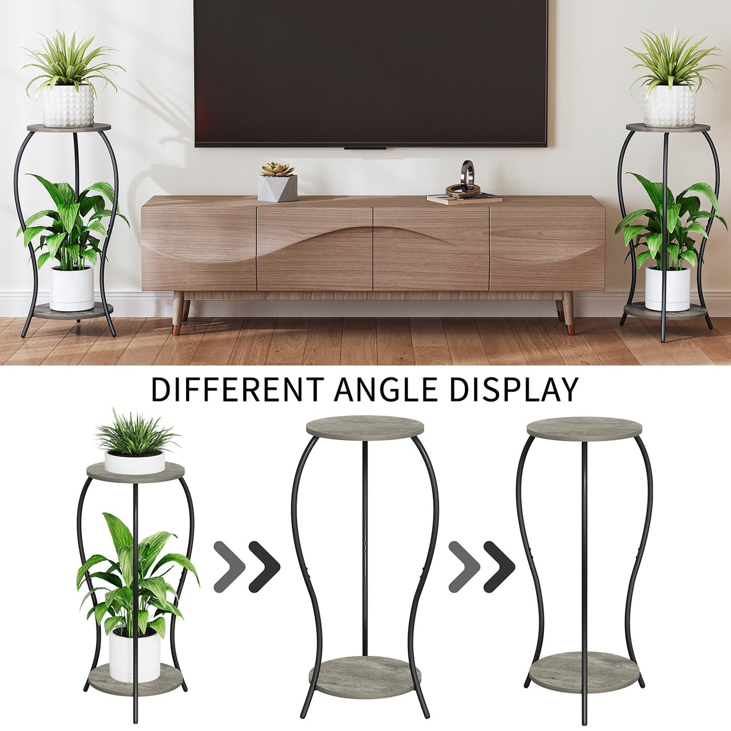 VYUOL Plant Stand Indoor, 2 Tier Round Tall Plant Stand, Flower Pot Stand, Plant Shelf Rack, Corner Plant Stand for Planter Garden Balcony Patio Living Room, Grey