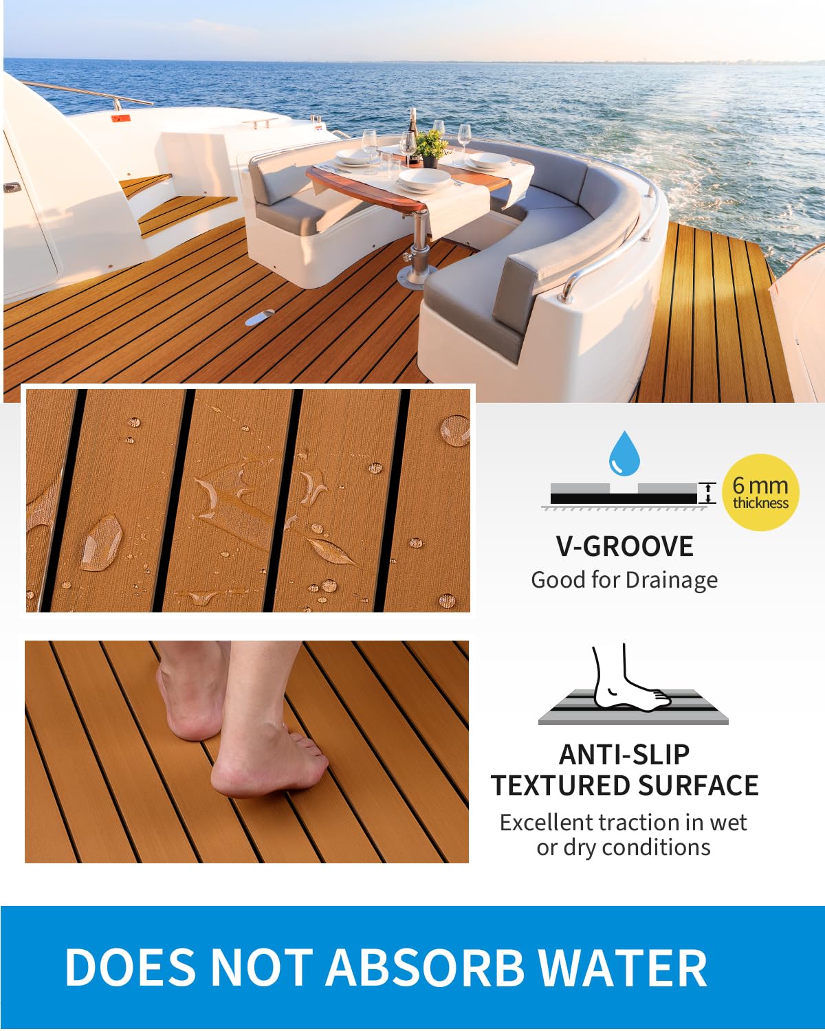 OCEANBROAD Boat Flooring EVA Foam Self-Adhesive 96''x45.6'' Faux Teak Marine Boat Decking Sheet for Jon Boats Yacht Floor, Brown with Black Seam Lines