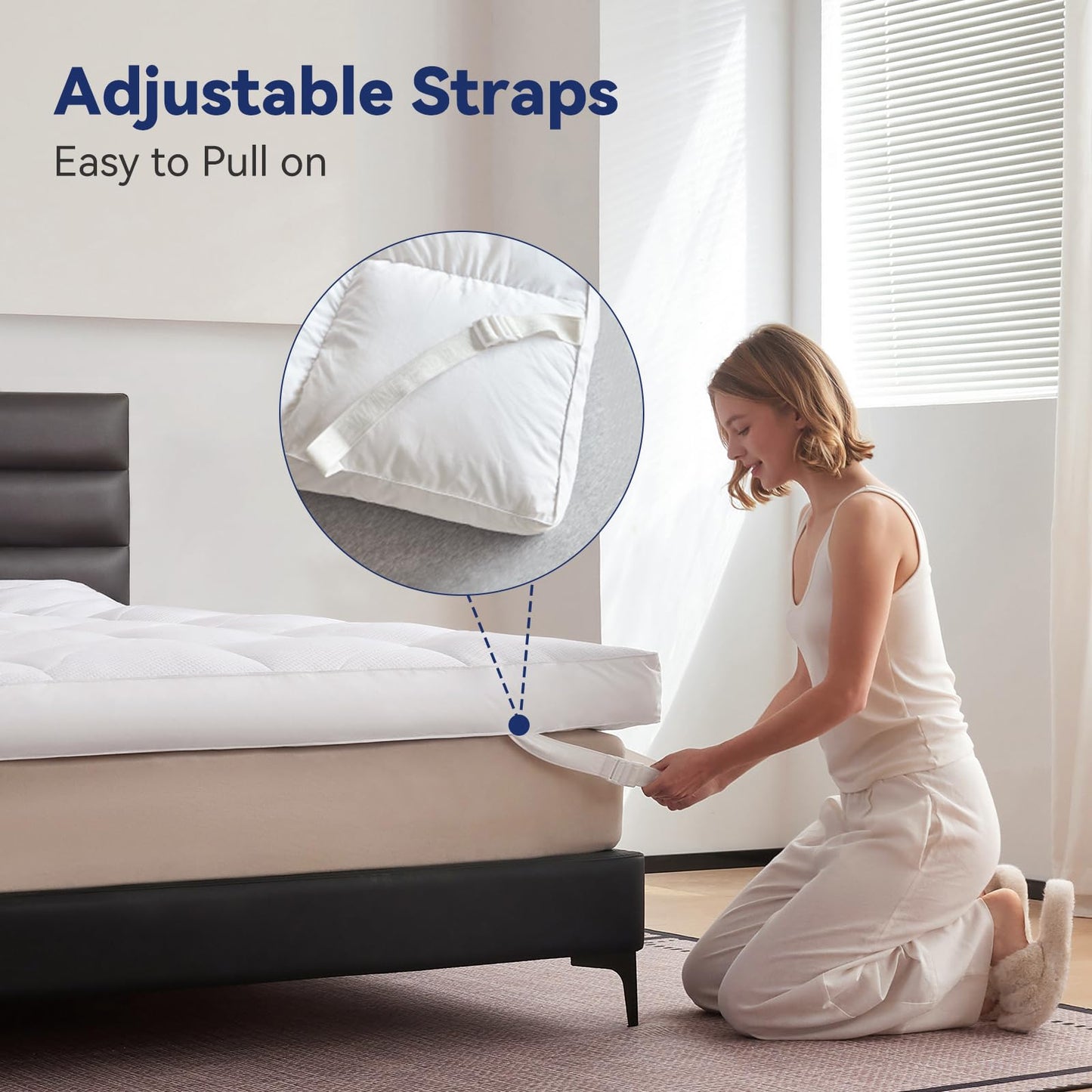 LeWinBedding Dual Layer 5 Inch Goose Feather Mattress Topper Queen Size, 4 Inch Goose Feather Plus 1 Inch Down Alternative Pillow Top, Medium Firm Featherbed with Adjustable Straps(60"x80", Wavy)