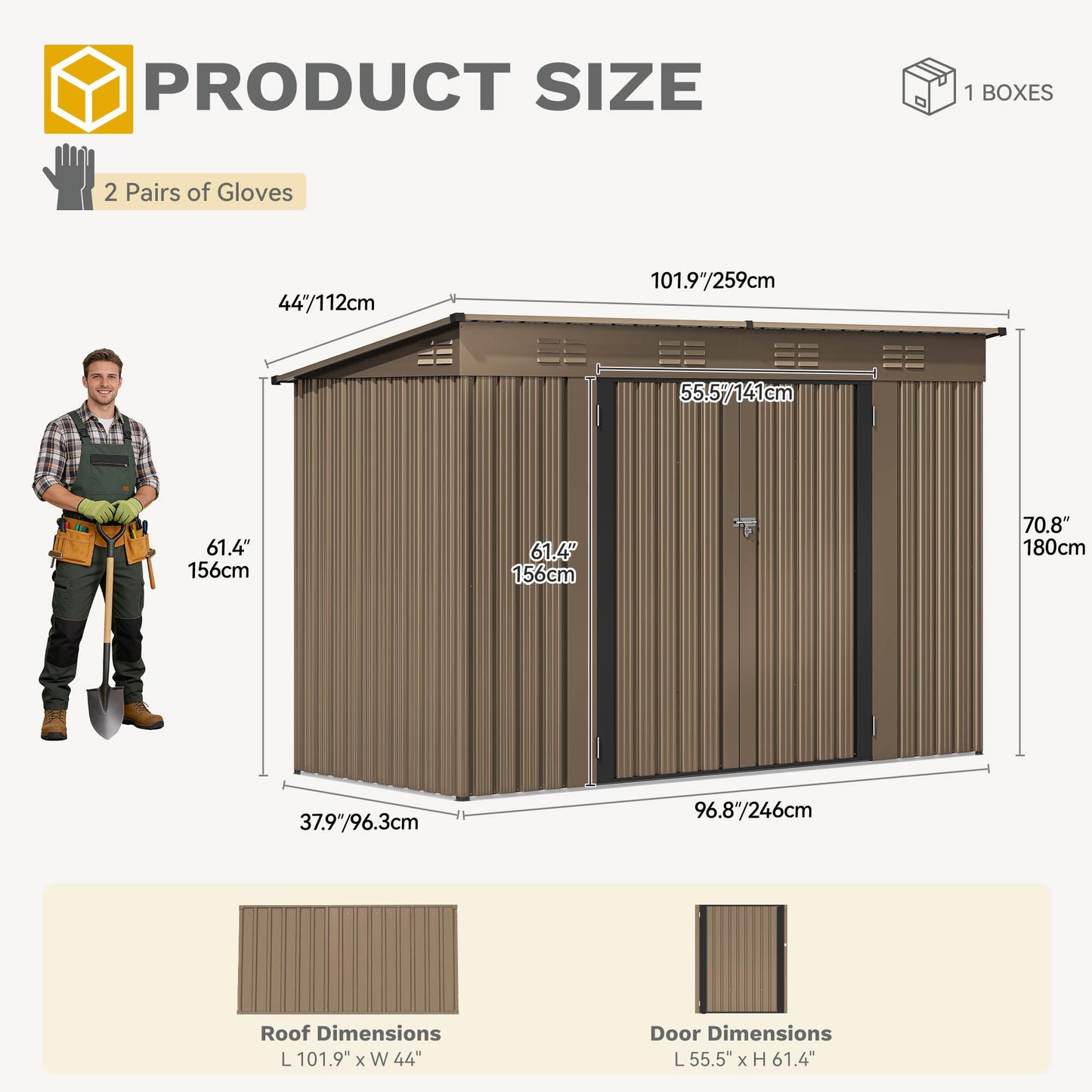 DWVO 9' x 4' Outdoor Storage Shed, Large Metal Tool Sheds, Heavy Duty Storage House with Lockable Doors & Air Vent for Backyard Patio Lawn to Store Bikes, Tools, Lawnmowers, Brown