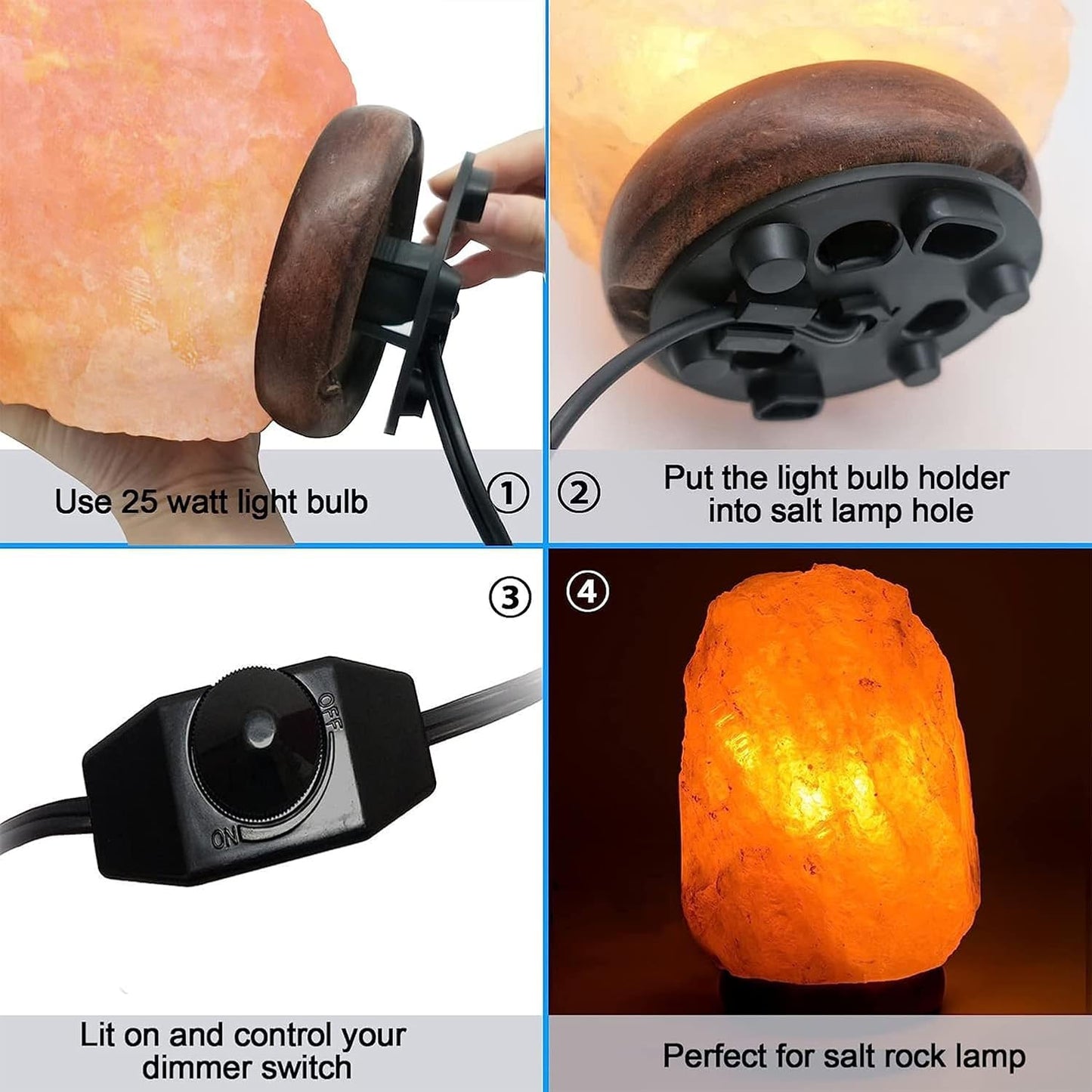 Tiqian 2-Pack Salt Lamp Cord Replacement, 5-Foot Long with Dimmer Switch, E12 Base, 15W LED Warm White Bulbs (6-Pack)