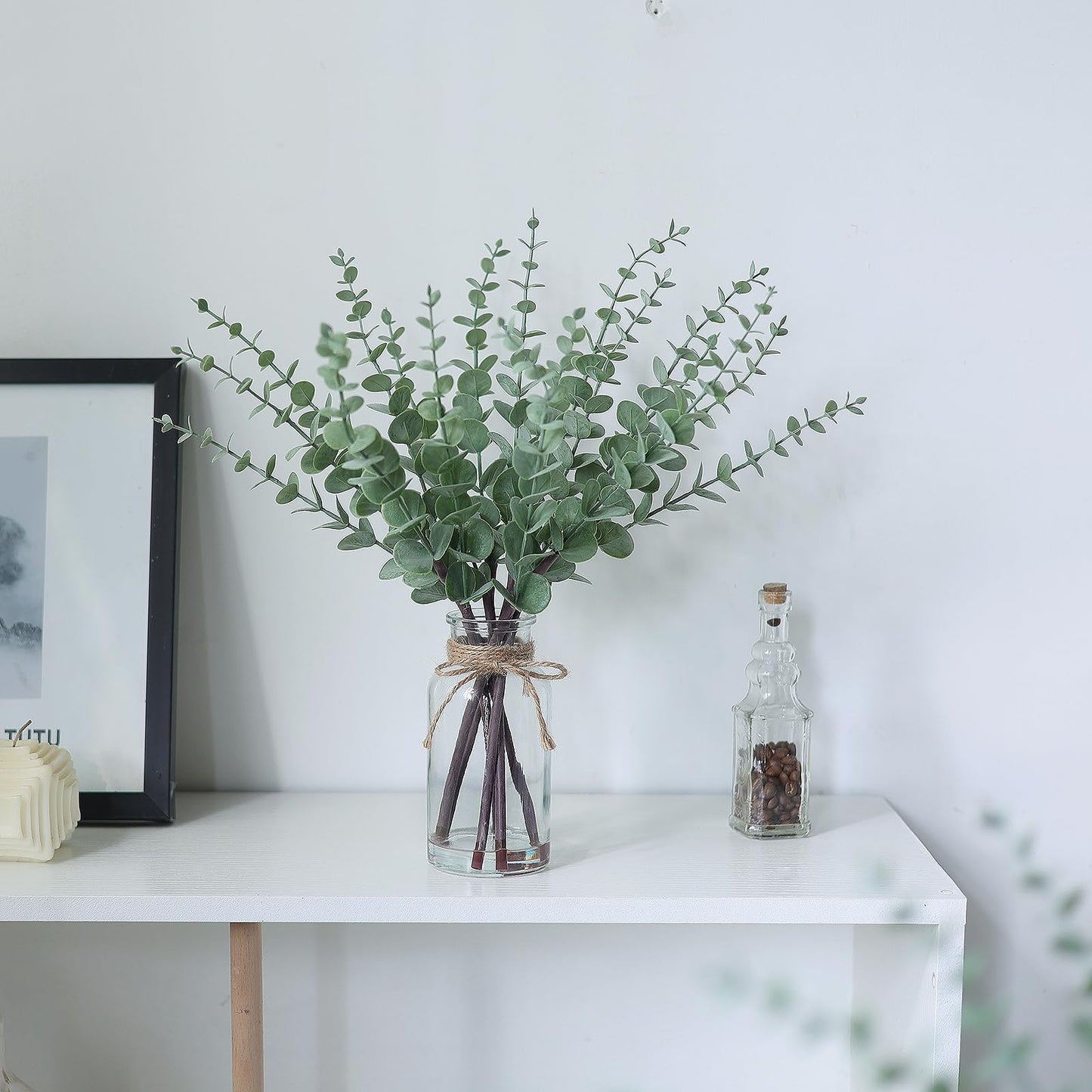 VIERENA 17.5" Artificial Eucalyptus Stems in Glass Vase with Faux Water,Fake Plant Eucalyptus Leaves White Seeds for Centerpiece Table Decorations Farmhouse Wedding Home Greenery Decor (Sage Green)