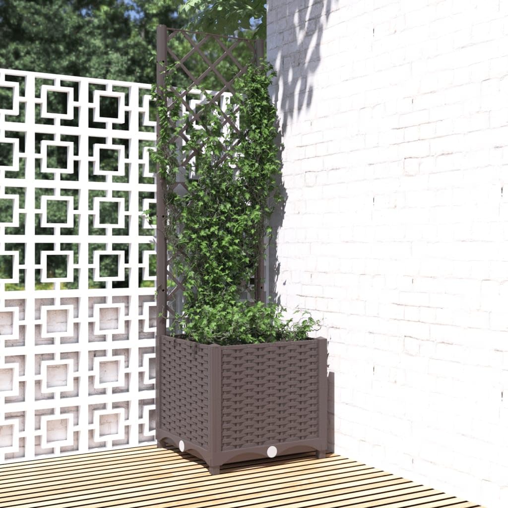 Favemtsl Square Raised Garden Bed with Trellis, 15.7x15.7x53.5 in Brown Polypropylene Planter Box, Modern Vertical Patio Outdoor Planter for Climbing Plants and Flowers