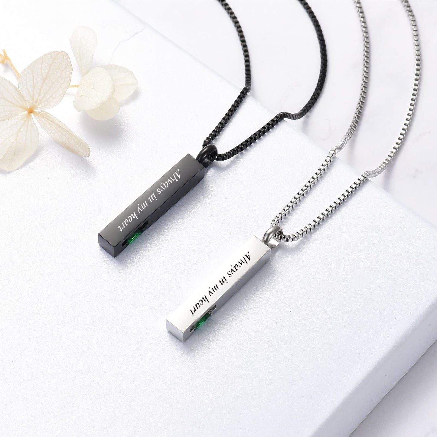 XSMZB Crystal Bar Cremation Urn Jewelry for Ashes Birthstone Cube Memorial Urn Necklace for Women Men Funeral Ashes Keepsake Pendant(2pcs-Green)