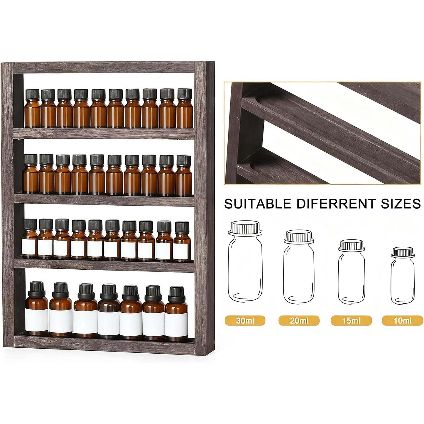 ETELI Essential Oil Storage Rack 4 Tier Wall Mounted Wooden Display Shelf Holder Nail Polish Organizer with Groove Inside for Bedroom Bathroom Powder Room, Rustic Brown