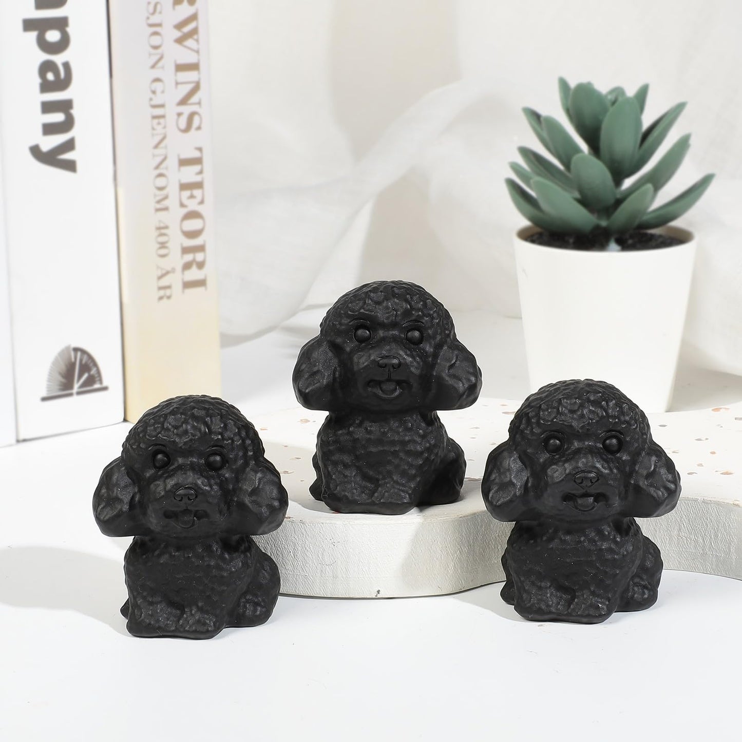 TUMBEELLUWA Black Obsidian Poodle Dog Figurine Carved Crystal Puppy Statue Stone Animal Sculpture for Home Table Shelf Decor