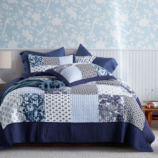 Wistown Cotton Bedspread Bedding Coverlet Quilt Sets, 3 Pieces Reversible Vintage Real Patchwork Floral Bedspread comforters (Blue Paisley, Queen)
