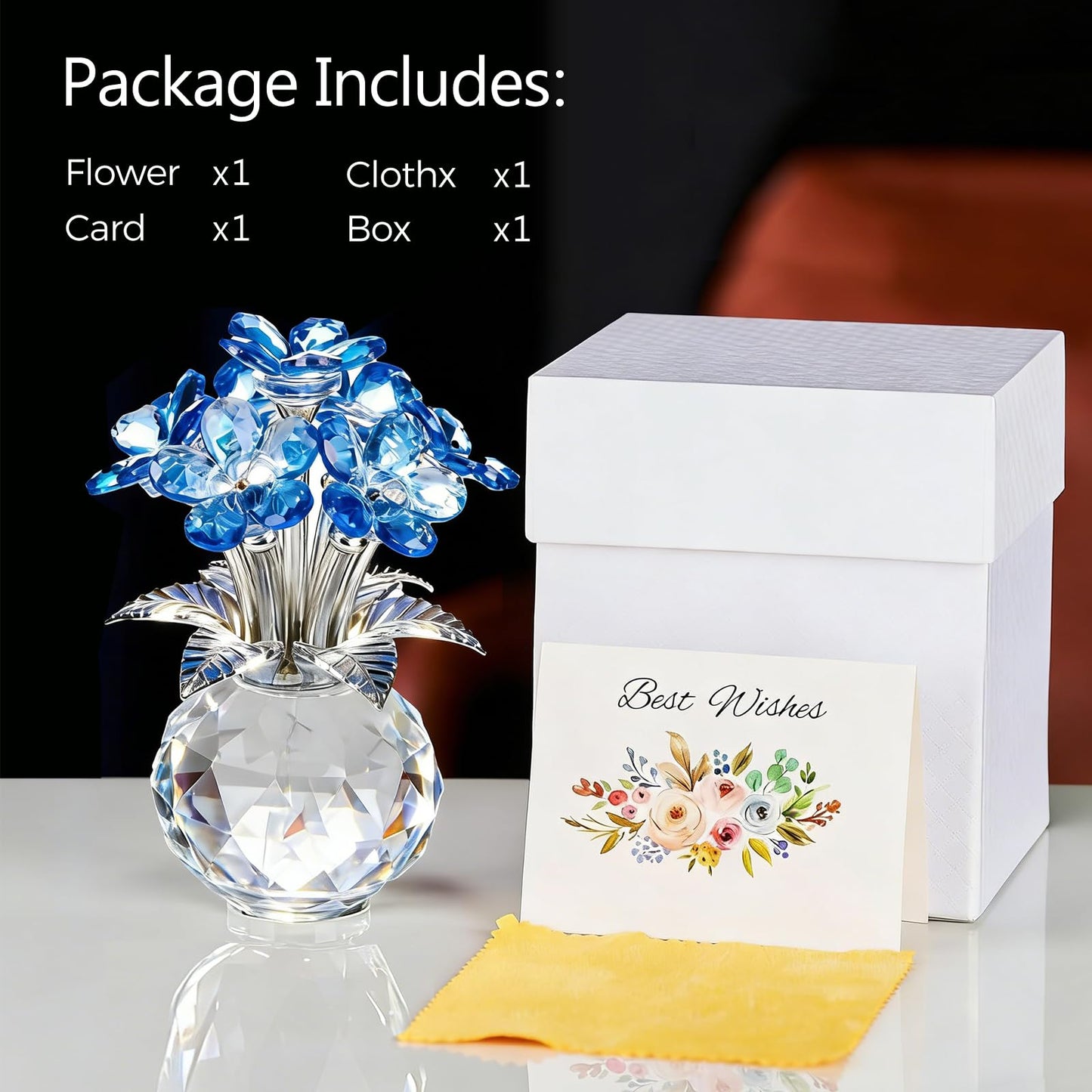 XLSJGYP Blue Crystal Flower Glass Gifts for Sister Girlfriend Women Girl Wife,Crystal Flowers Bouquet Collectible for Wedding Anniversary Mom from Daughter Son (Blue Flower 02)