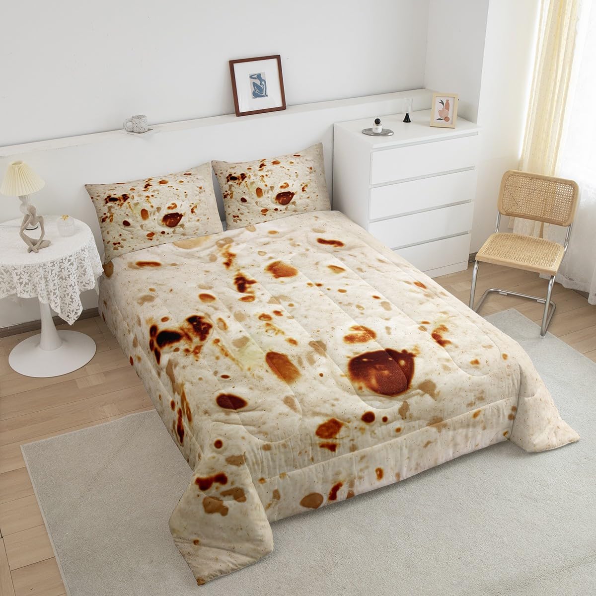 Feelyou Burritos Tortilla Bedding Set for Adult and Kids Ultra Soft Giant Funny Realistic Food Comforter Set Set Breathable Novelty Soft Flannel Taco Comforter King Size Quilted