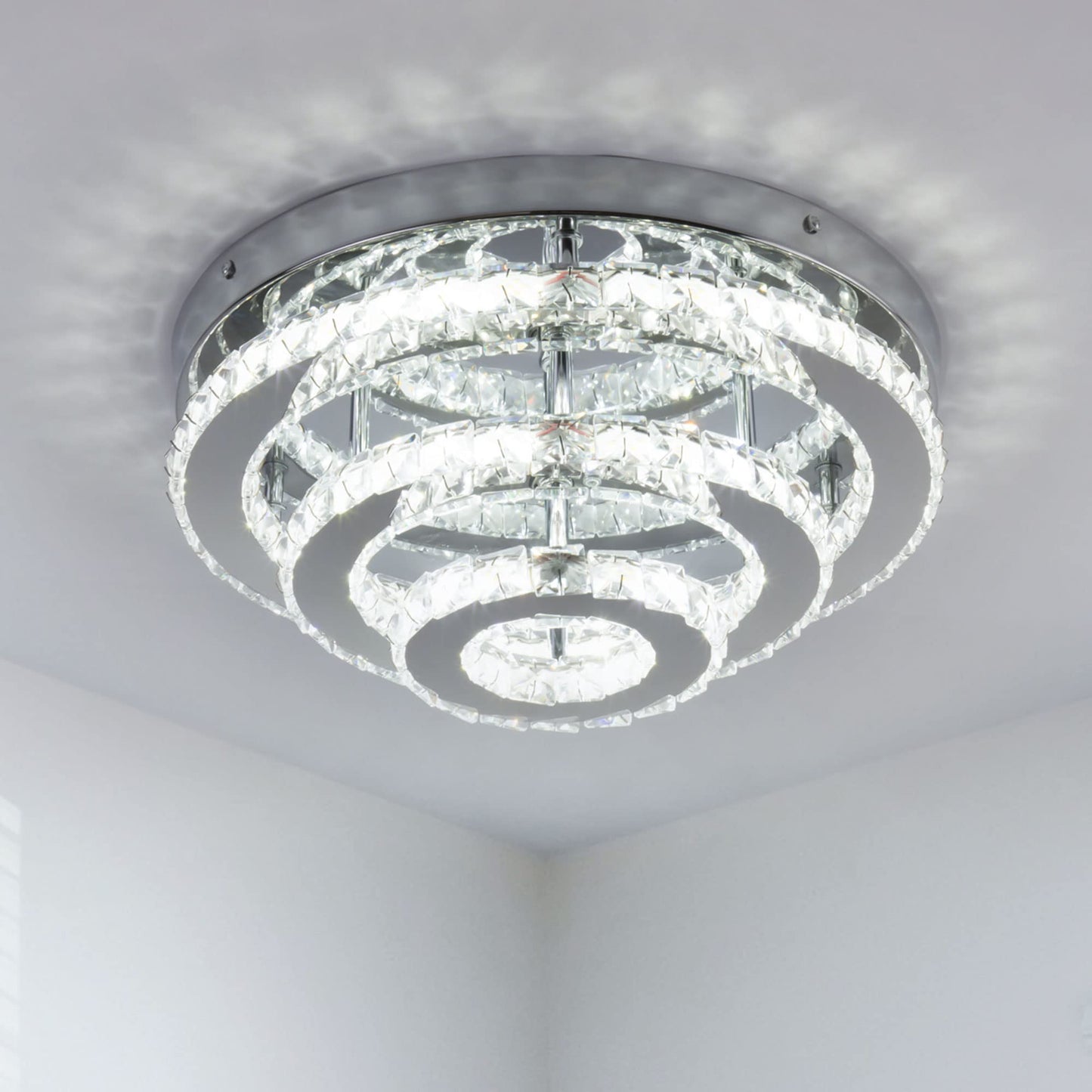 YPQXYHDA Modern Crystal Chandelier LED 3 Tier Crystal Ceiling Lights Flush Mount Round Chandeliers for Bedrooms Dining Room Living Room,Dia 13.8",Cool White,42 W