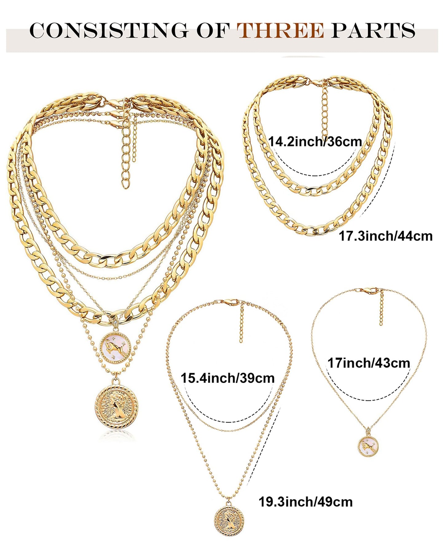 MJartoria Gold Layered Necklaces for Women Trendy Retro Coin Pendant Necklace Dainty Chunky Chain Choker Necklaces for Jewelry Birthday Gifts (Gold, Zodiac-Aries-3PCS Layered)