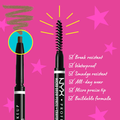 NYX Professional Makeup Micro Brow Pencil, Dual Ended With Mechanical Brow Pencil And Spoolie Brush, Vegan Formula, Shade: Brunette