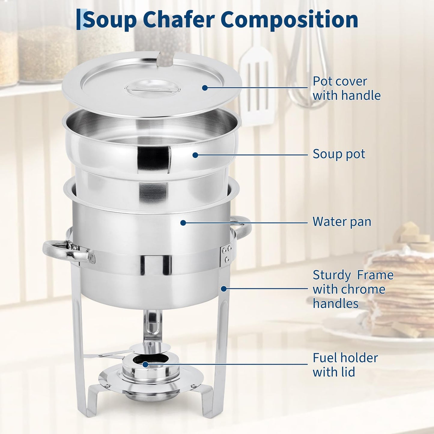 GarveeHome 7QT Soup Chafer Set of 4, Stainless Steel Round Soup Warmer with Pot, Notched Lids & Fuel Holders, Commercial Food Warmer for Buffets, Events and Party Service