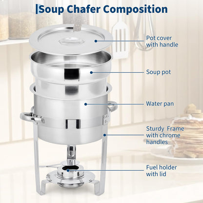 GarveeHome 7QT Soup Chafer Set of 4, Stainless Steel Round Soup Warmer with Pot, Notched Lids & Fuel Holders, Commercial Food Warmer for Buffets, Events and Party Service
