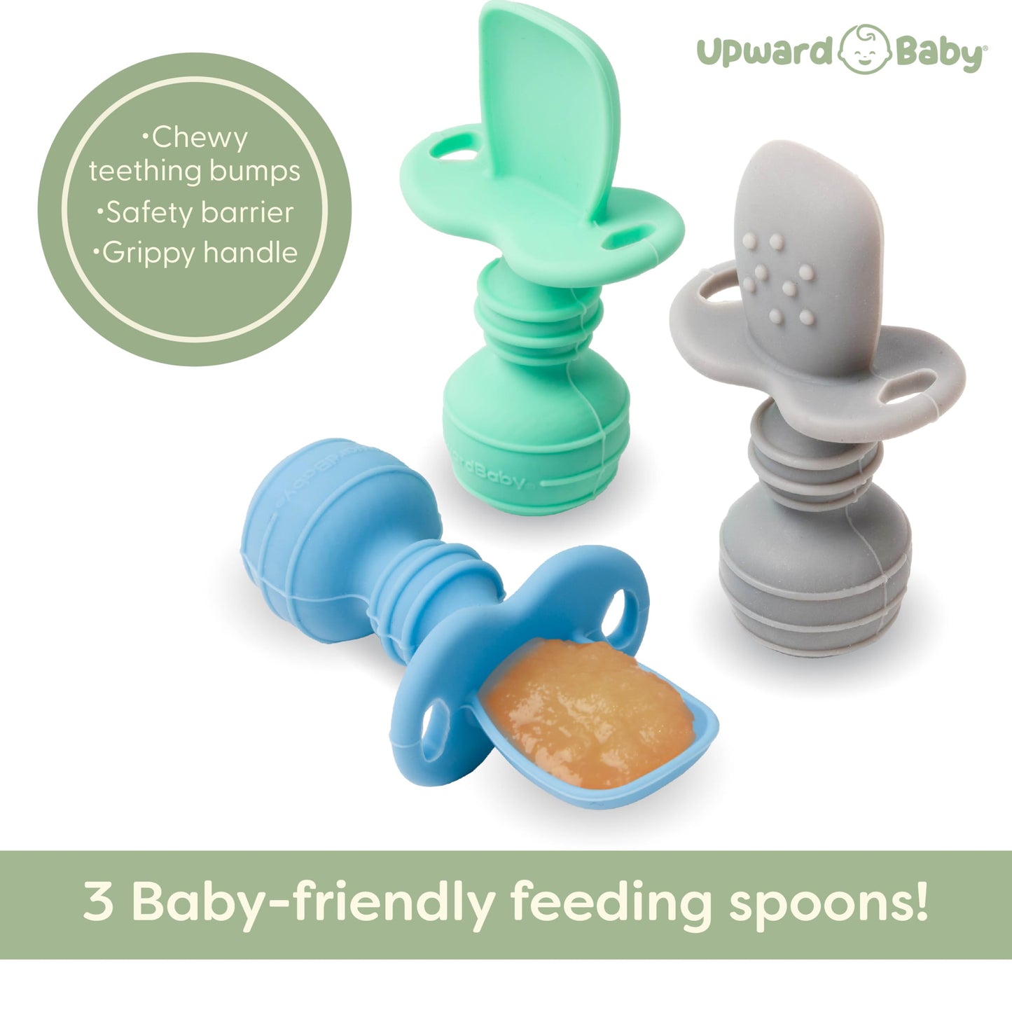 UpwardBaby Silicone Baby Spoons Self Feeding 6 Months - Feeding Essentials, Baby Led Weaning Supplies, BPA Free, Chewable Toddler Utensils with Anti Choke Barrier