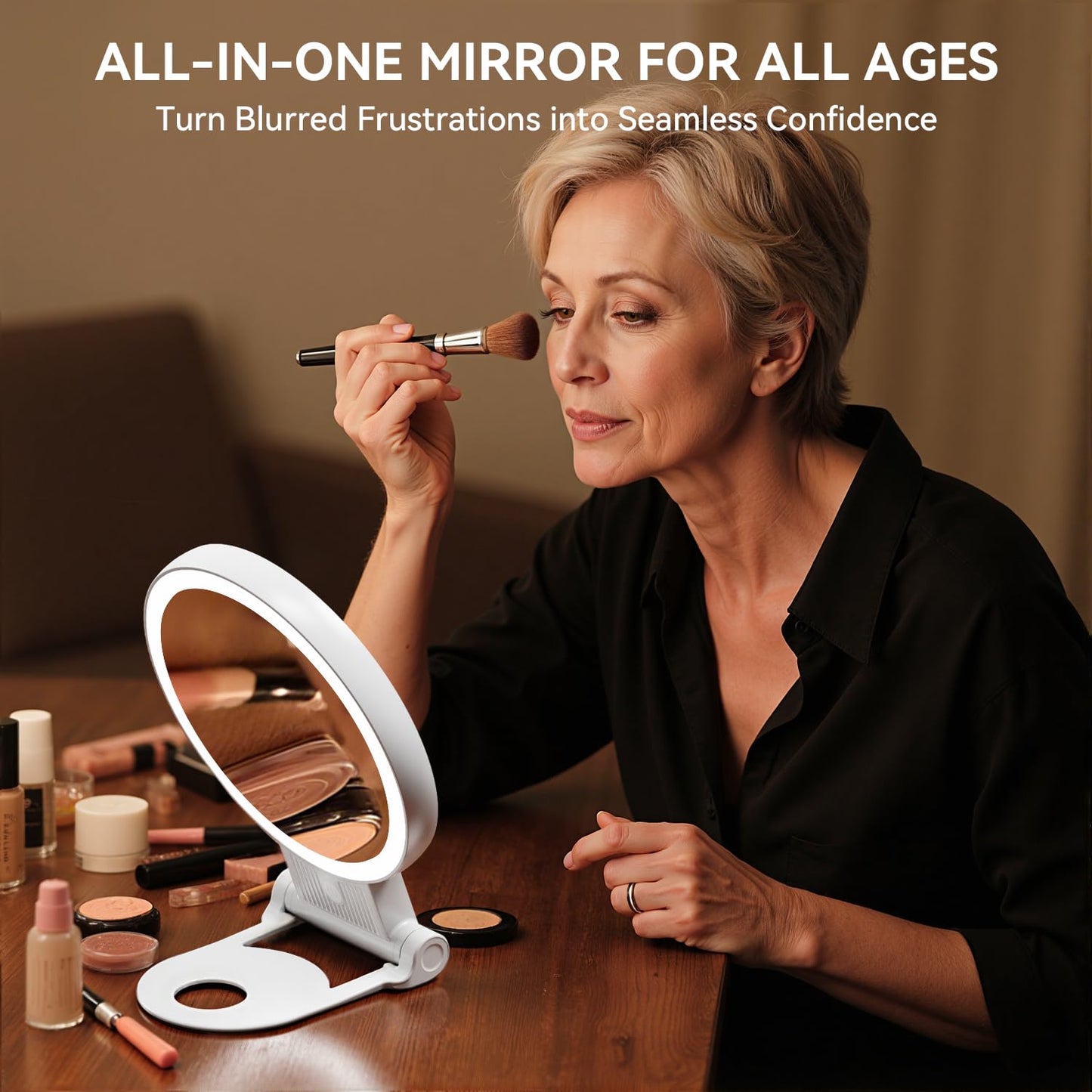 Auxmir 30X Magnifying Mirror, Double Sided 1X /30X Makeup Mirror with Light, Folding Lighted Rechargeable Beauty for Travel, Rotating 3 Color Lights, Dimmable Touch Screen