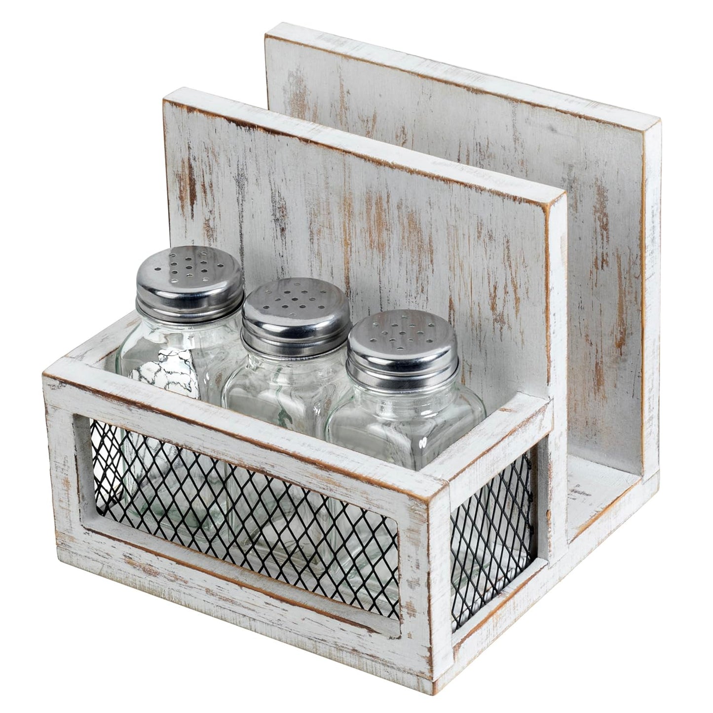 FARM IN Napkin Holder, Farmhouse Multifunctional Napkin Holder with Salt and Pepper Shakers Holder for Home and Commercial Use, Rustic Solid White Washed Wood & Diamond Metal Wire Mesh