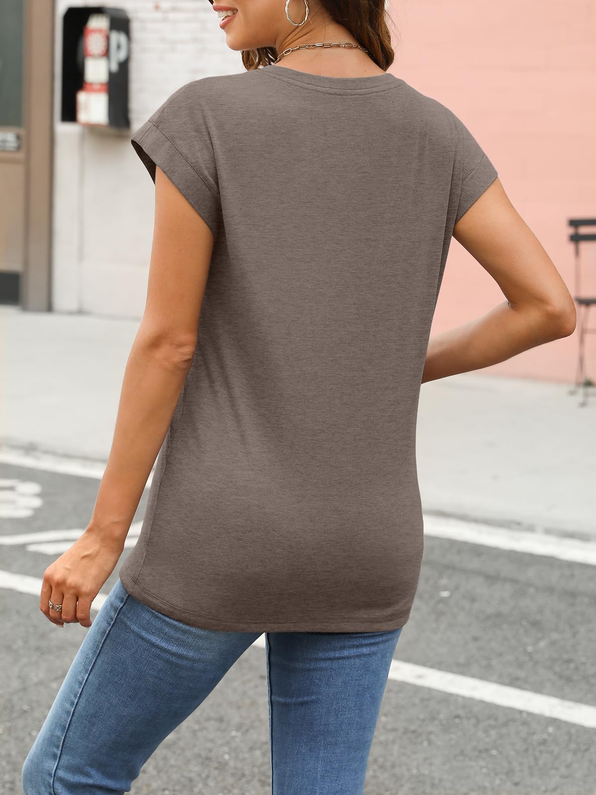 AUTOMET Womens Tops Summer Basic T Shirts Business Casual Loose Fit Cap Sleeve Tee Cute Clothes Trendy Fashion Outfits CoffeeGrey XL