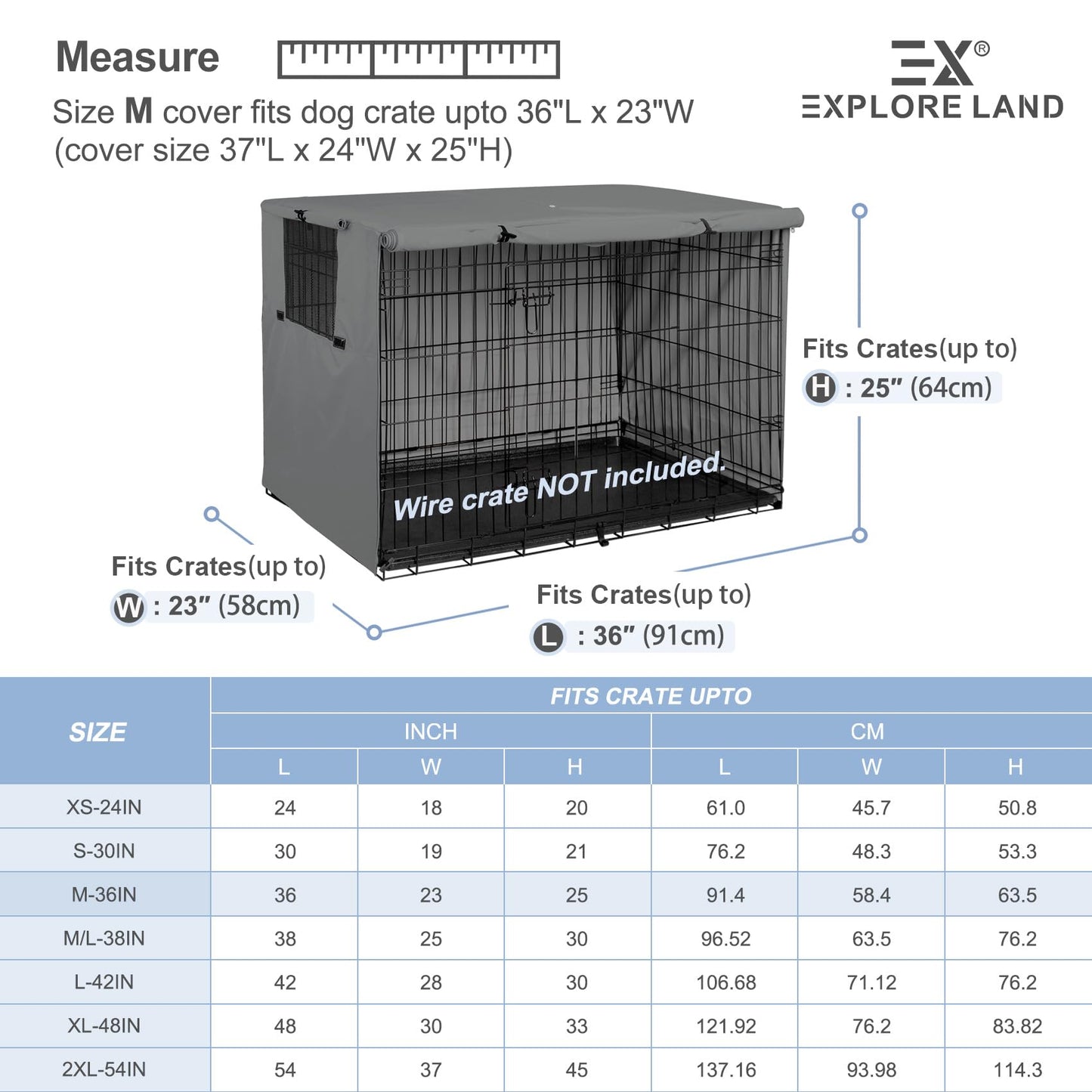 Explore Land Dog Crate Cover Durable - Polyester Pet Kennel Cover Universal Fit for 24-48 inches Wire Dog Crate (36 Inch (Pack of 1), Grey Cover)