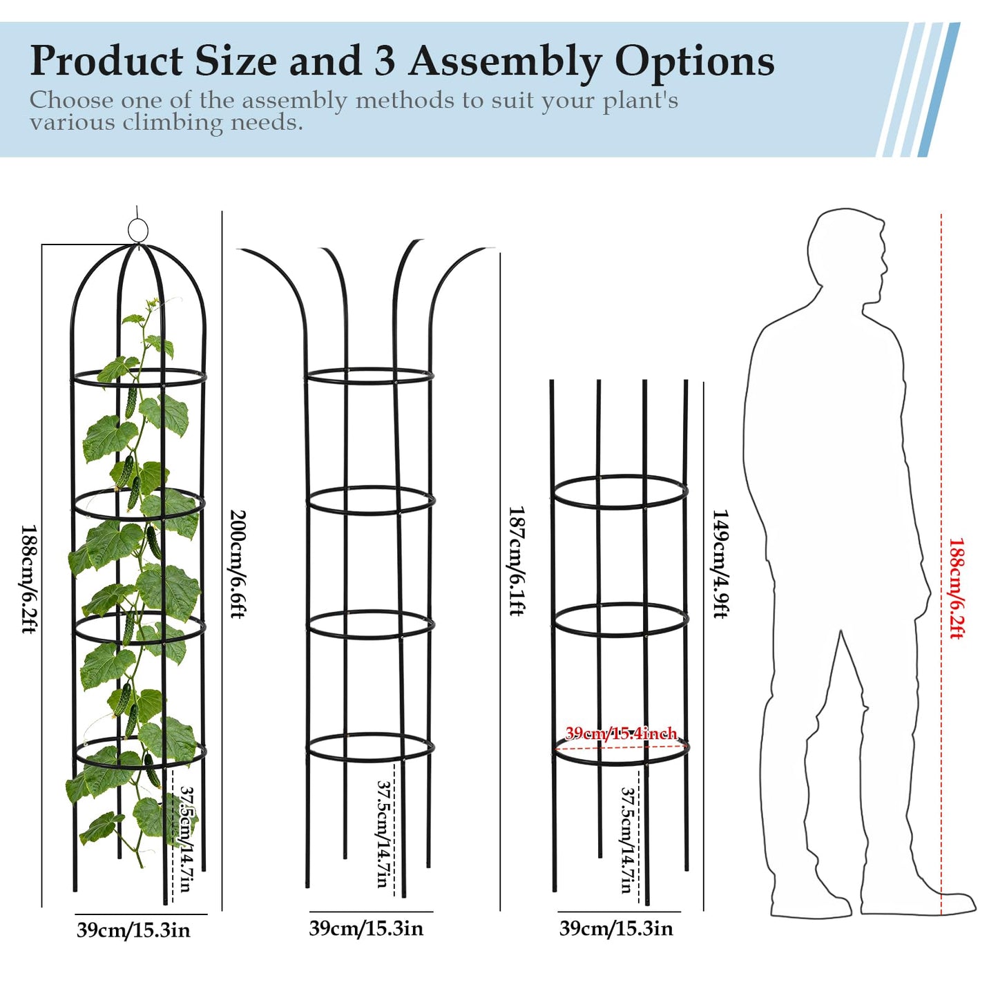 DEVISEFUN 100% Metal 6.6ft Obelisk Trellis for Climbing Plants Outdoor 2PK, Garden Tower Trellis for Potted Plants Indoor with Twist Tie and Butterflies, Plant Support for Clematis Tomato Cucumber