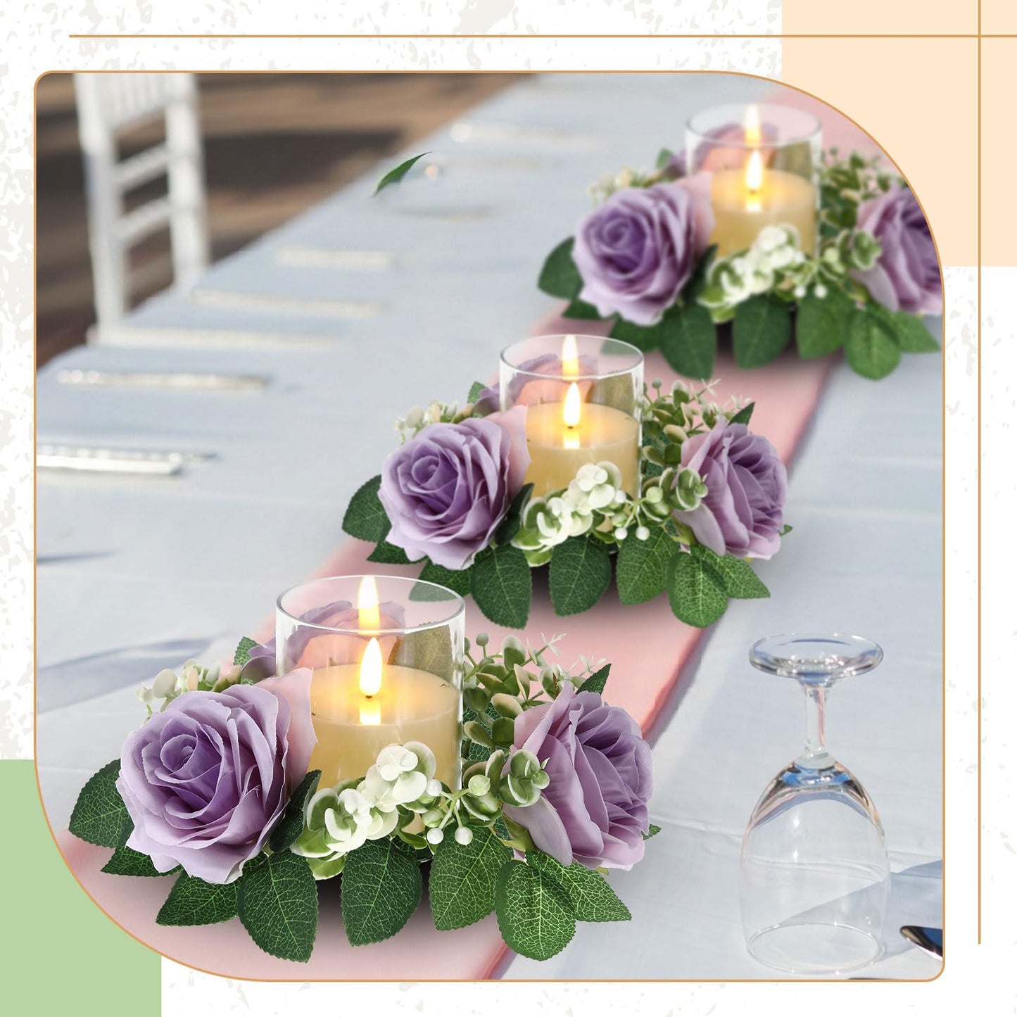 Yunlly 12 Pcs Rose Candle Rings with Flameless Candles Sets, Artificial Flower Eucalyptus Wedding Centerpiece 3 Inch Pillar Candleholders Wreaths for Wedding Party Mother's Day (Purple)