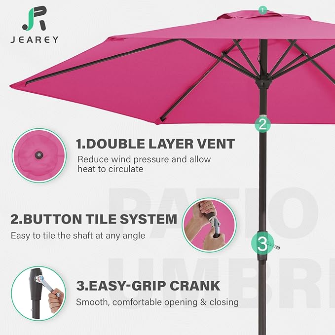 JEAREY 7.5FT Patio Umbrella Market Table Umbrella with 6 Sturdy Ribs, Push Button Tilt/Crank Outdoor Umbrella for Garden, Deck, Backyard, Pool and Beach,Rose Pink