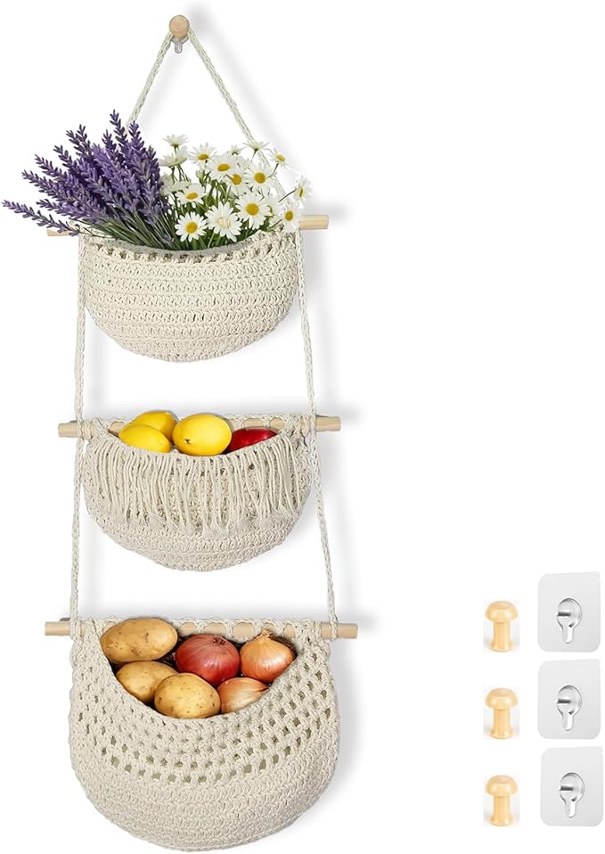 3 Tier Hanging Fruit Baskets for Kitchen, Boho Cotton Rope Handwoven Vegetable