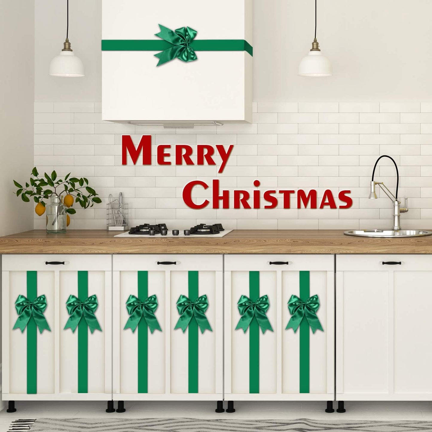 WILLBOND 4 Pcs Green Christmas Cabinet Ribbons Bows Large Green Bow Christmas Door Kitchen Cabinet Ribbon Bows Locker for Xmas Holidays Party Decorations Supplies