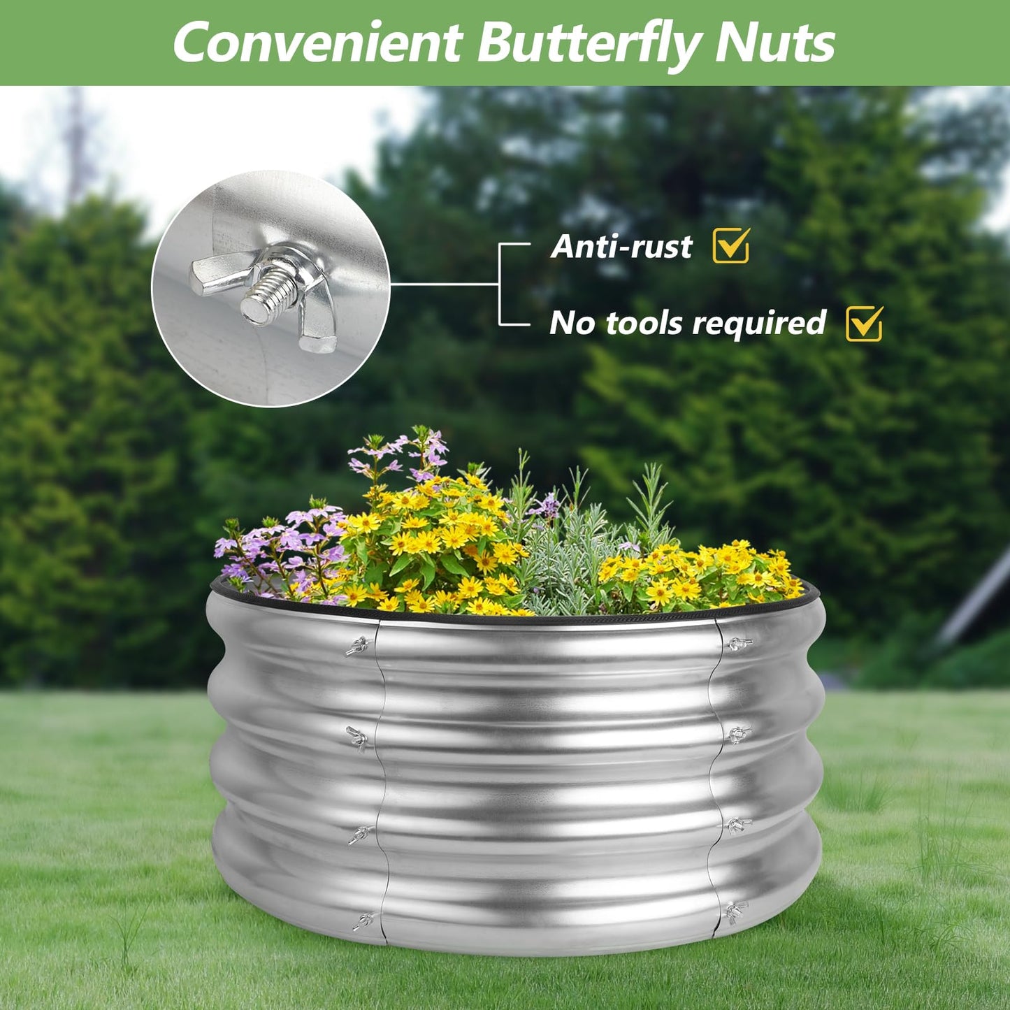 Liyarya 2 Pack 2x2x1ft Round Galvanized Raised Garden Bed Kits, Raised Garden Beds Metal Planter Outdoor Easy Assembly Garden Bed for Planting Vegetables, Fruits & Flowers, Sliver