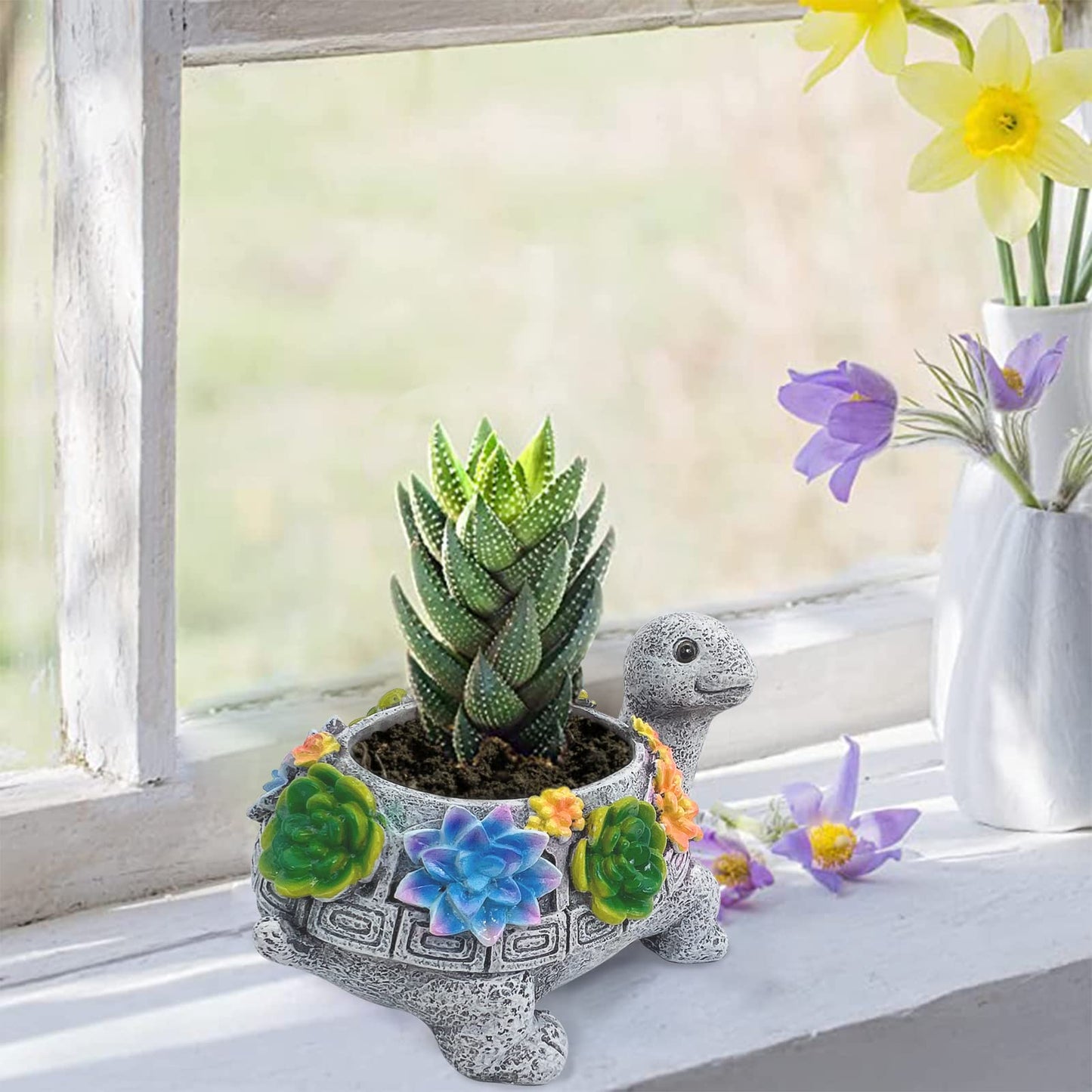 ASDFG 2pcs Small Turtle Planter Window Decor - Resin Succulent Plant Pot with Drainage Hole, Cute Planters for Indoor Plants, Unique Flower Pot Office/Home/Desktop Decoration, Ideal Gifts for Women
