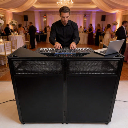 2026 Upgraded DJ Booth Stand Portable – 45"L x 25"W Foldable DJ Facade Booth with Dual Corner Panels, Wheels, Mobile DJ Controller Stand with Scrim & Carry Bag for Weddings, Parties & Events