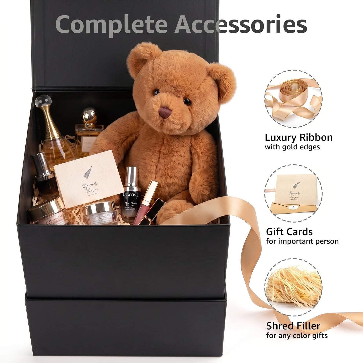 LIFELUM Square Gift Box with Magnetic Lid, Card, Sticker, Ribbon, Shredded Paper Filler for Business, Wedding, Birthdays (Black, square - 10.2 inch, 1 count (Pack of 1))