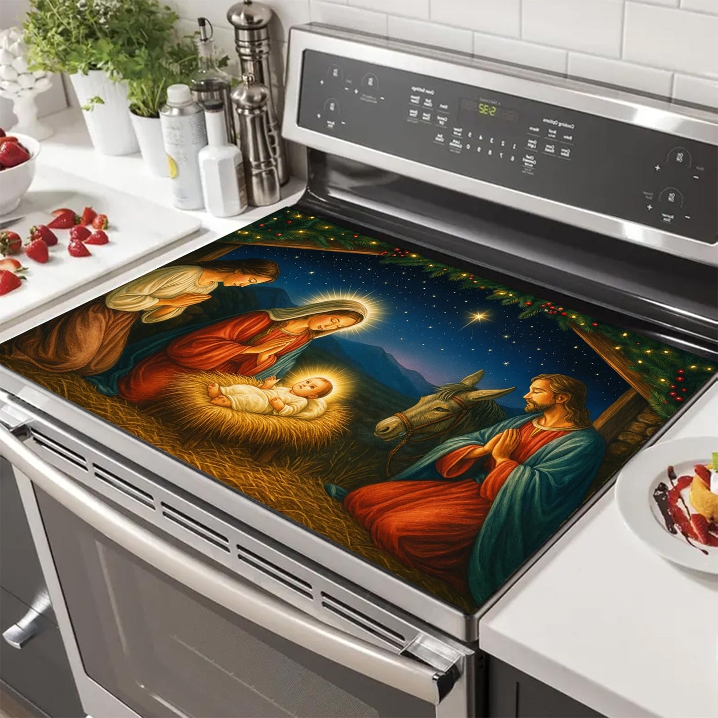 HOMETITUTE Nativity Scene Stove Top Cover 28x20 Inch Glass Top Protector Christmas Religious Kitchen Counter Mat Heat Resistant Silicone Cooktop Cover Holiday Decoration