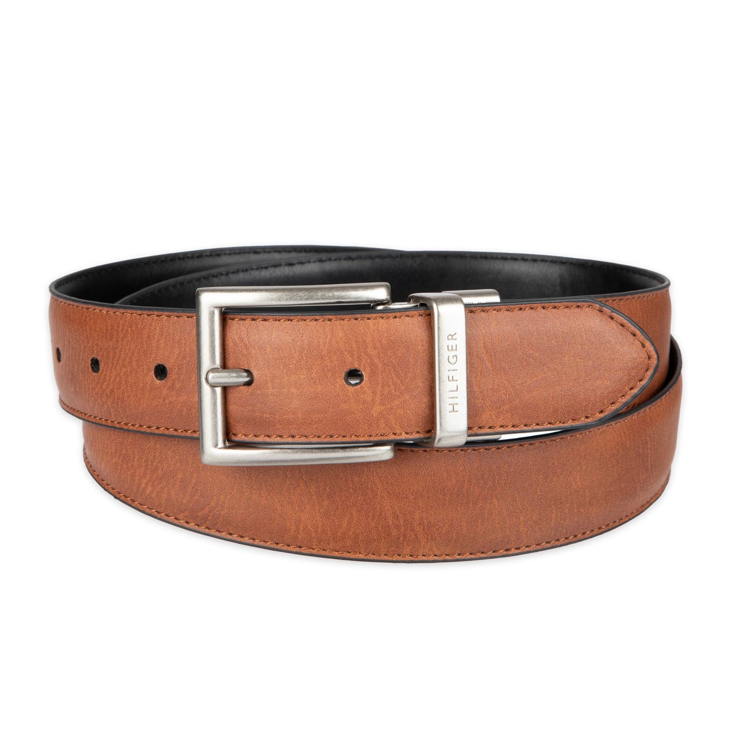 Tommy Hilfiger Men's Reversible Leather Belt - Casual for Mens Jeans with Double Sided Strap and Silver Buckle , cognac/black, 36