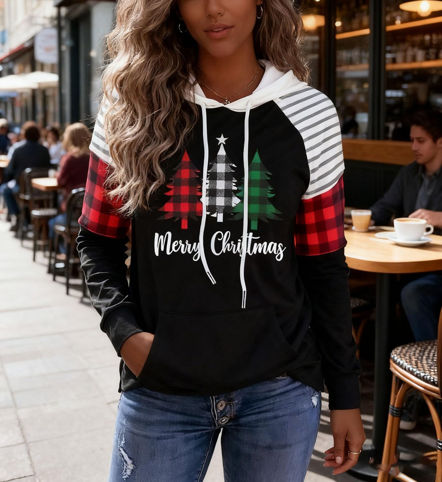 Merry Christmas Buffalo Plaid Tree Striped Splicing Hoodie Shirt Blouse for Women Christmas Color Block T Shirt Top(Black, Large)