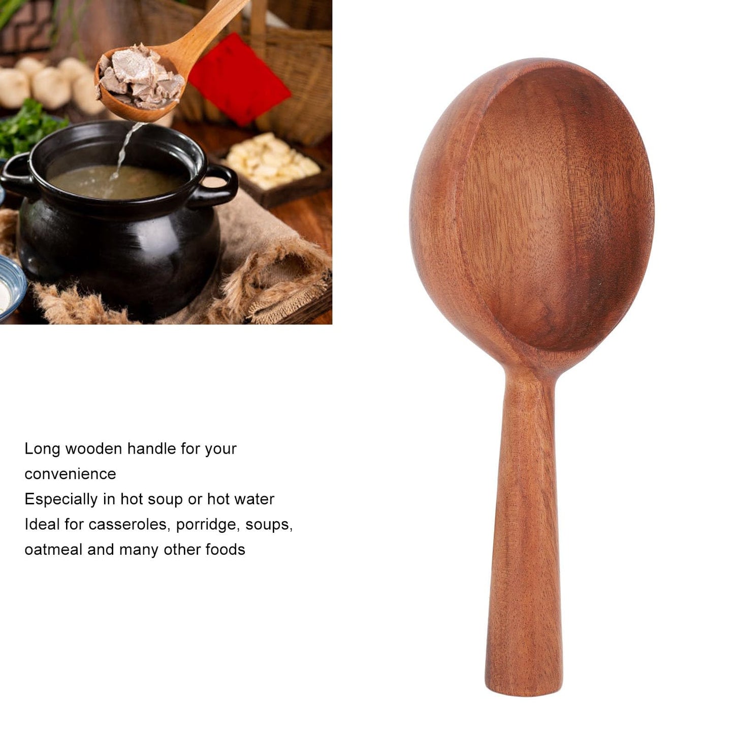 Wooden Scoop for Kitchen, 4.3 Inch Large Wooden Serving Spoon for Flour Sugar Coffee Beans, Long Handle Deep Jar Scoop for Canisters Bath Salt Pet Food, Multipurpose Solid Wood Rice Soup Ladle