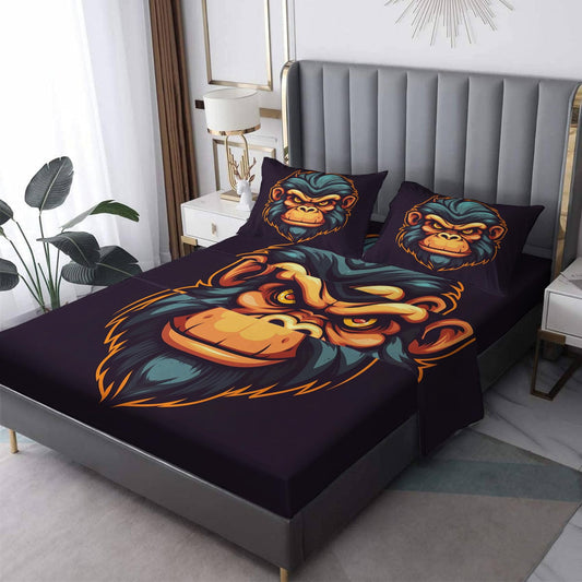 Chimpanzee Sheets Queen Size, Gorilla Bed Sheets, Patterned Bedding Sheets & Pillowcases 4 Piece Set - Soft Microfiber Deep Pocket Fitted Sheet & Flat Sheet & 2 Pillow Cases J9-&-192