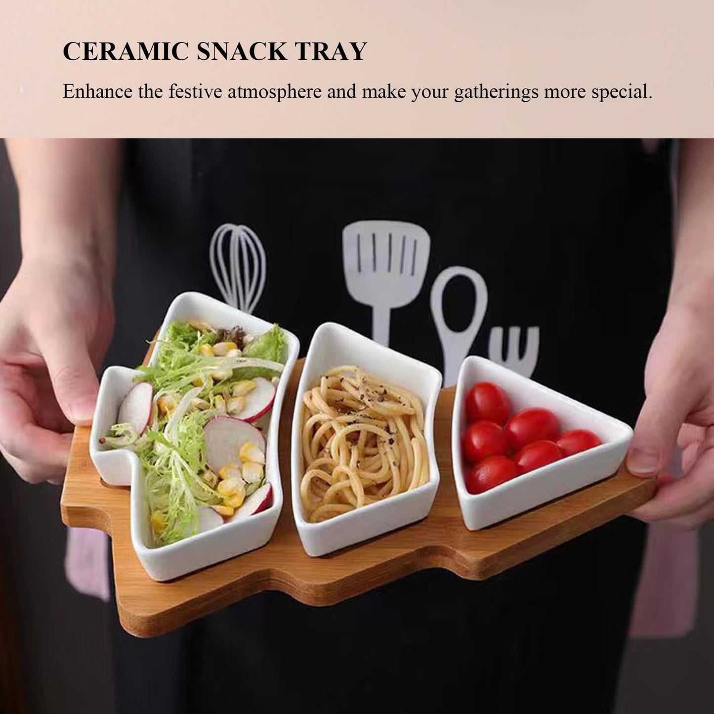 Qancesd Christmas Tree Shaped Platter Ceramic Dinner Plates with Wood Tray Christmas Tree Dishes Decorative Food Serving Tray for Appetizer Snack