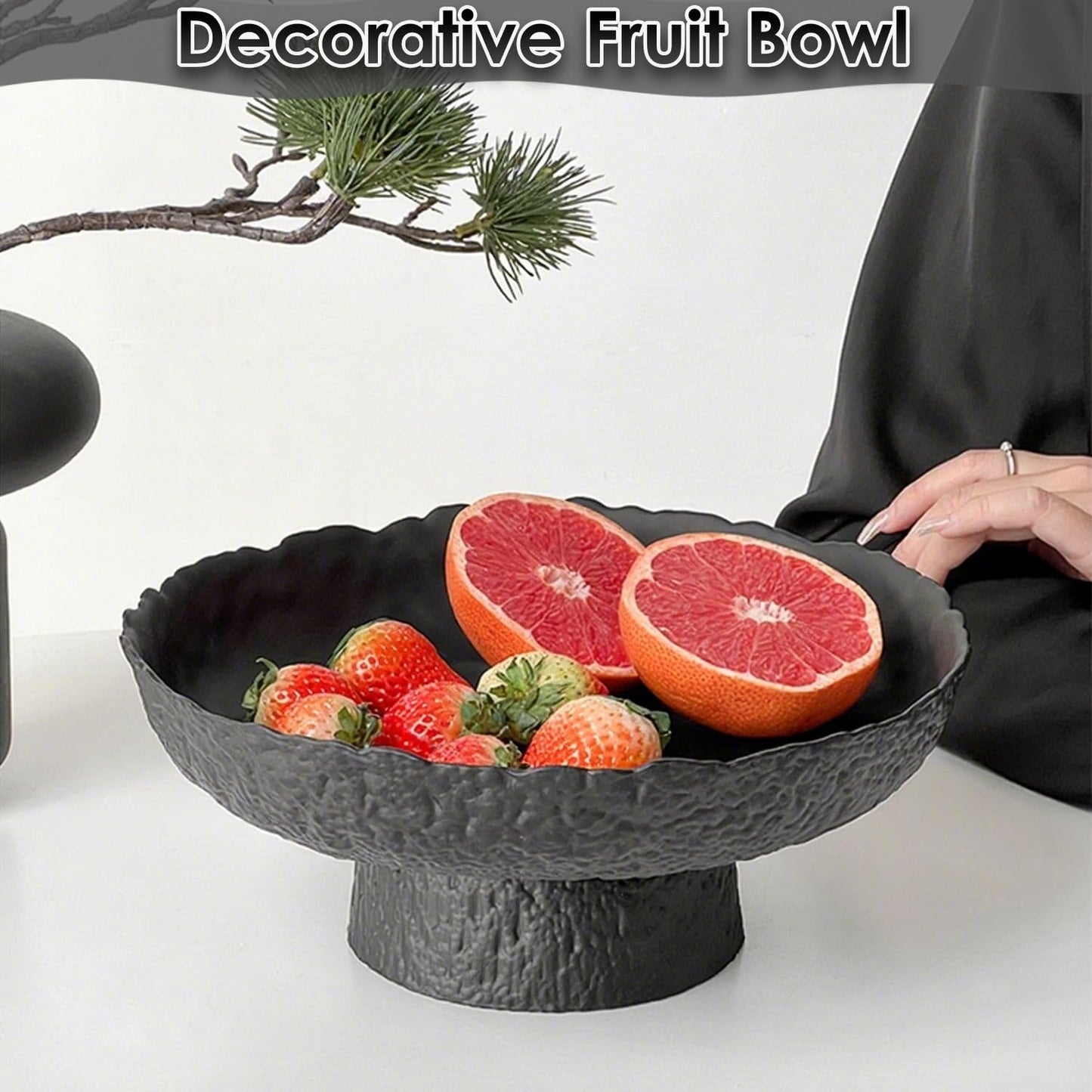 BZCWHWY Glass Fruit Bowl for Kitchen Counter, Black Pedestal Bowl, Large Footed Serving Bowl, Decorative Bowls for Centerpiece Home Decor, Modern Fruit Holder (Large 10.4 Inch)