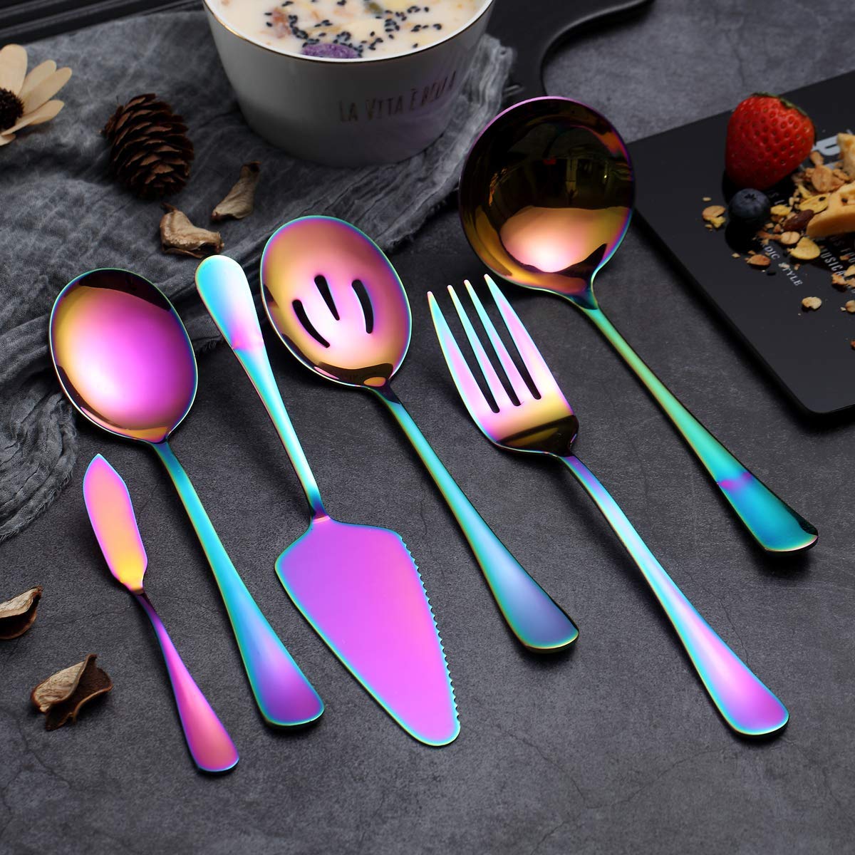 Rainbow Serving Spoons Set 6 Pieces, Serving Utensils Set Include Cake Server Slotted Spoon Serving Spoon Serving Fork Ladle Butter Knife Spreader Serving Set Dishwasher Safe