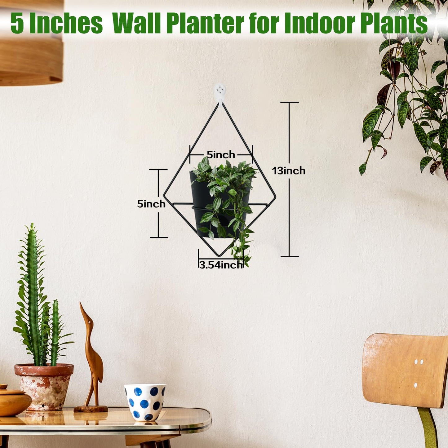 Koalaime 3 Sets Wall Planters for Indoor Plants Geometric Hanging Planters for Indoor Plants - Self-Watering Flower Pots with Black Metal Holder, Mounted Succulent Planter, 5" Black Plant Pot