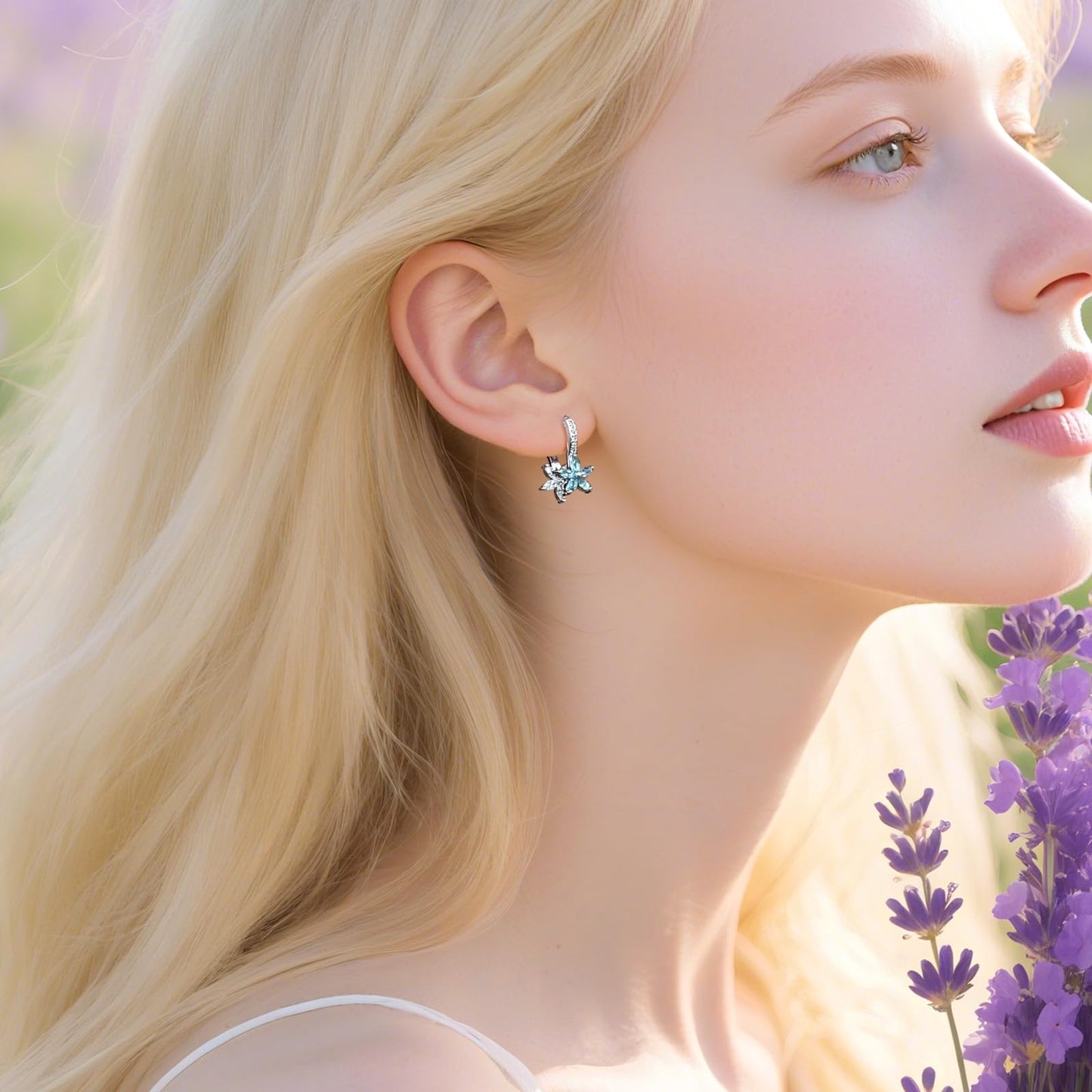 Watforsh 925 Sterling Silver Flower Earrings for Women Dangling Leverback Earrings with Aquamarine and White Crystal Double Floral