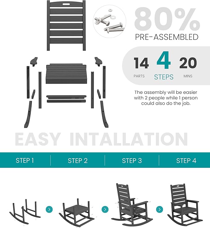 SERWALL Outdoor Rocking Chair, Oversized Rocking Chair with Footrest for Adults, HDPE All Weather Resistant Rocking Chairs for Patio, 350lbs Weight Capacity, Gray