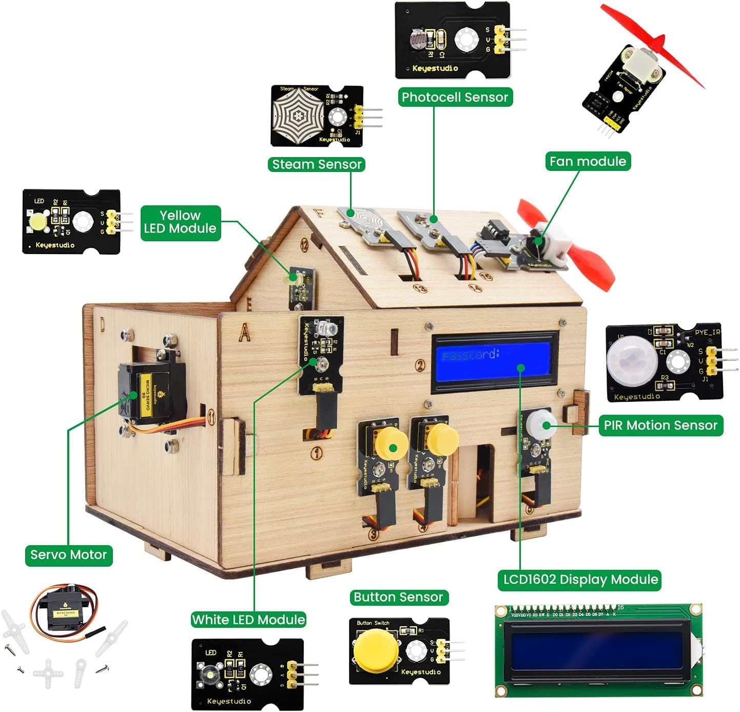 KEYESTUDIO Smart Home Starter Kit for Arduino for Uno R3, Electronics Home Automation Coding Kit, Wooden House DIY Sensor Kit STEM Set for Adults Teens 15+