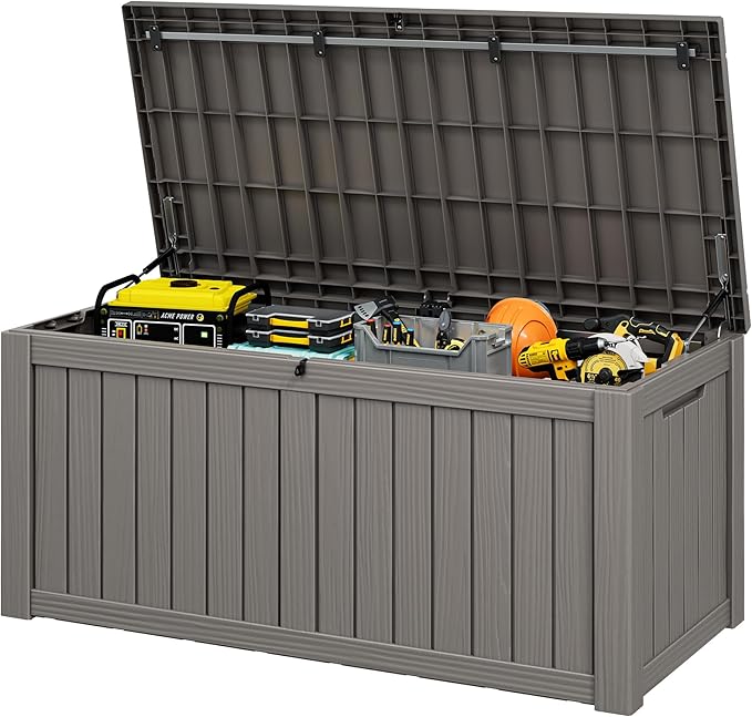 Outdoor Storage Box, Resin Deck Boxes Indoor and outdoor, Waterproof Storage Box Lockable Lid (Grey, 180 Gallon)