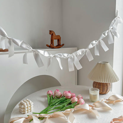 Eanjia Pre-Assembled White Bow Garland - 6ft Elegant Church Wedding Decor, Baby Shower Banner & Bridal Shower Backdrop, Thick Satin No DIY Needed! Baby Room Bed Decor (White, 6ft)