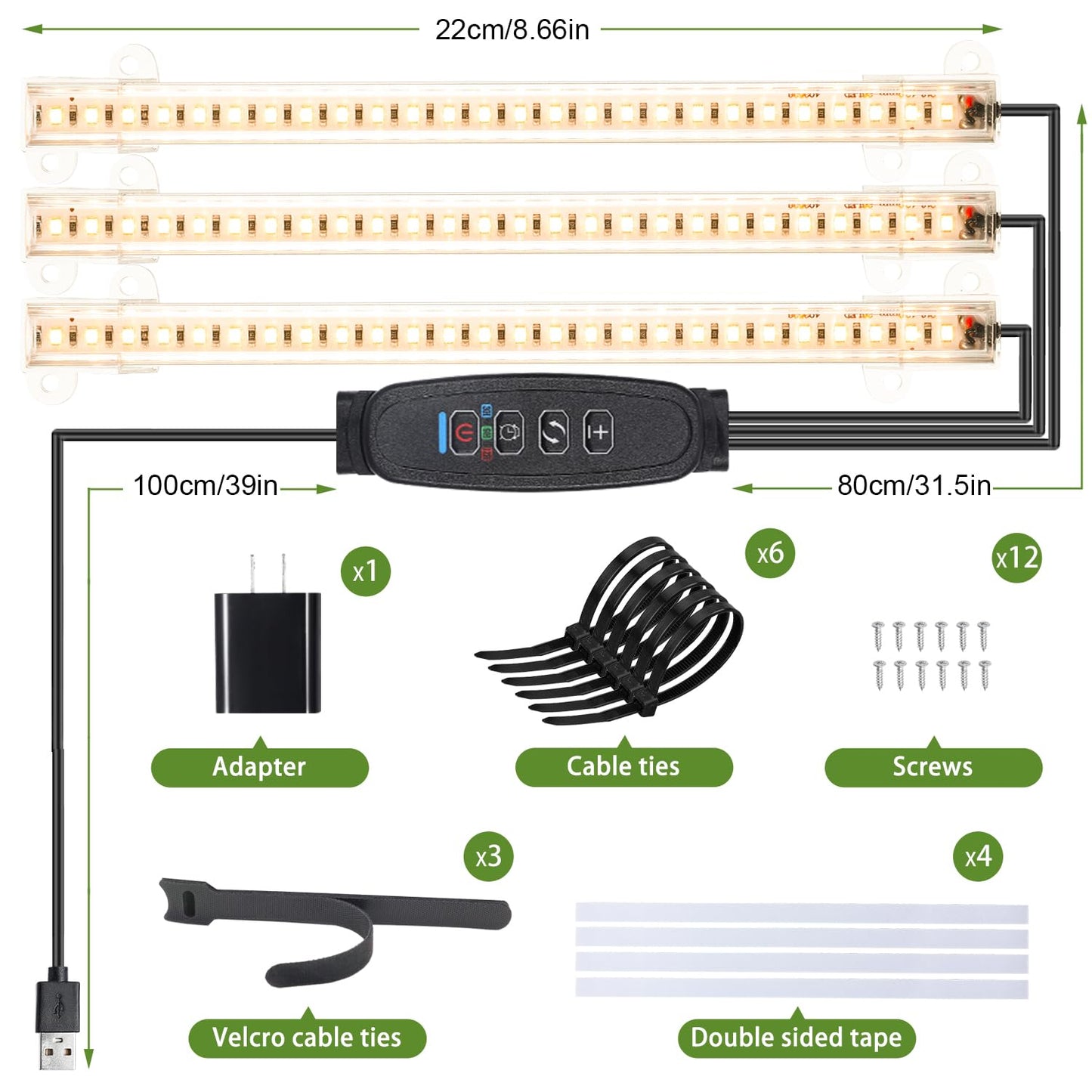 8.6'' LED Grow Light Strips, Full Spectrum 3500K Grow Lights for Indoor Plants, 3 Head with 3/9/12H Timer, 10 Dimmable Levels, Suitable for Seedling, Succulent, Plant Shelf and Greenhouse, 1-Pack