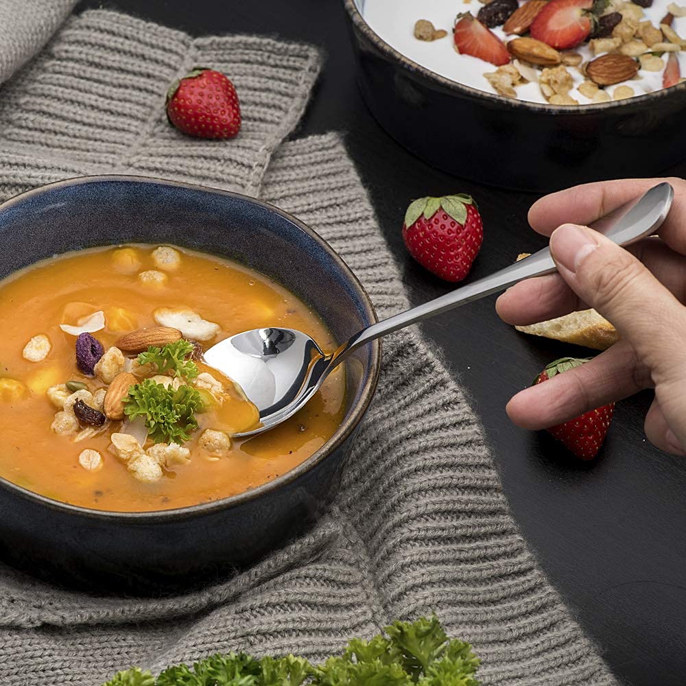 HAPPY KIT Soup Spoons Set 12 Pcs Premium Stainless Steel Round Spoons Heavy-Weight Durable Flatware Set