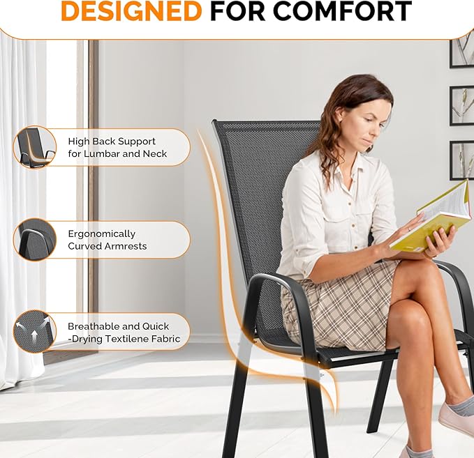 VINGLI Patio Chairs Set of 2 – Stackable Outdoor Dining Chairs with Comfortable Sling High Back Chairs and Armrests for Lawn, Poolside, Courtyard, Balcony, Garden, Black