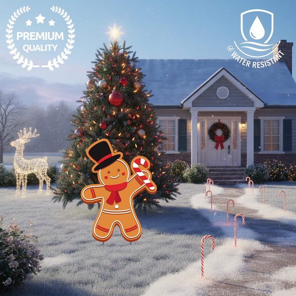 Christmas Gingerbread Man Ginger Bread Classic Yard Sign for Home Decor and Lawn Decoration With Stakes, Green Merry Christmas Sign Tree Top Hat